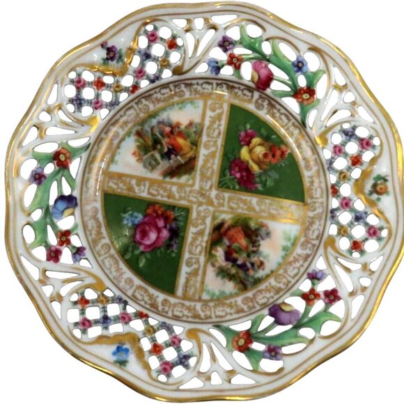 SCHUMANN BAVARIA Reticulated Green Quatrefoil Plate Courting Couple Germany Vint - Picture 2 of 10